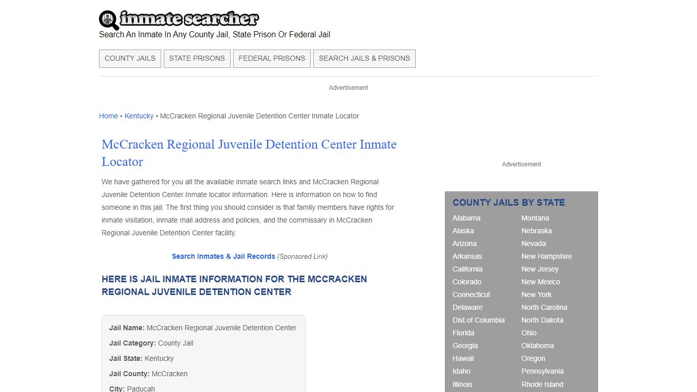 McCracken Regional Juvenile Detention Center Inmate Locator - Inmate ...
